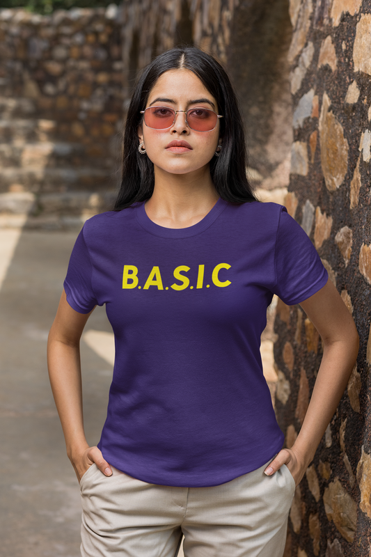Women's B.A.S.I.C "Medium Sized Logo" Yellow Font Tee Shirt